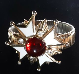 Vintage Maltese Cross Bracelet Large Red Glass Stone White Enamel Stretch Band