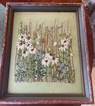 Vintage Mid Century Crewel Embroidery Picture Field Of Flowers Framed 19 X 23