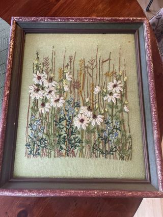 Vintage Mid Century Crewel Embroidery Picture Field Of Flowers Framed 19 X 23 2