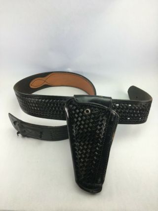 Vintage Bianchi 27k - Black Basket Weave Leather Holster & Tex Shoemaker Belt N38