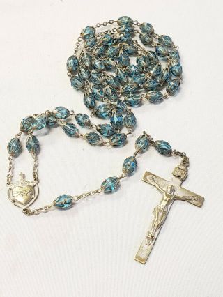 Vintage Fully Capped Aqua Blue Crystal Rosary,  “i Am A Catholic” Crucifix 24 "