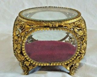 Vintage Matson Gold Filigree Beveled Glass Casket Jewelry Box 5 "