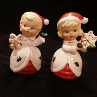 Vintage Japan Christmas Blonde Girls Salt Pepper Shakers Snowflake Jingle Bells