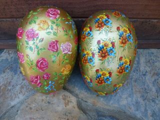 2 Vintage Easter Eggs 9 " Paper Mache Roses & Flowers & 1 Smaller Half Shell