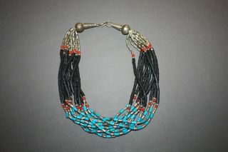 Vtg Southwest Black Wood,  Silver Tone,  Faux Turquoise Bead Multi Strand Necklace