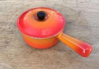 Vintage Le Creuset Flame Orange Enameled Cast Iron One Quart Pan With Lid 14