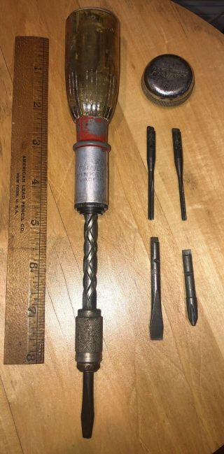 Vintage Yankee Handyman No.  233h Stanley Tools Drill Screwdriver 4 Bits Usa