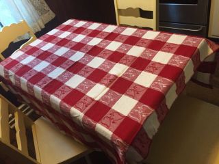 Vintage Valentine’s Day Tablecloth Red & White Check Double Hearts 48” X 50”