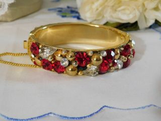 Vintage Ruby Red/ Clear Rhinestone Gold Metal Bangle Bracelet