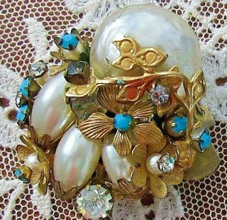 Vintage Haskell Necklace Clasp Connector Baroque Pearl Rhinestones Flowers