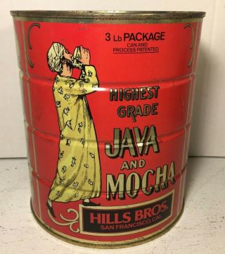 Vintage Hills Bros Java And Mocha Coffee Can Tin 3 Lb Size Empty No Lid 7 " Tall