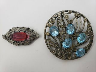 Vintage Brooches Silver Tone Blue Glass Stones Pink Red Glass Stone