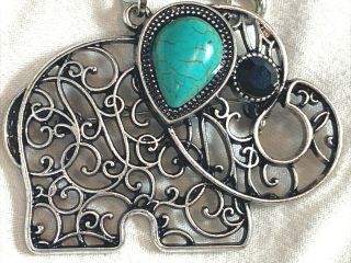 Vintage Elephant Brooch Pin Silver Tone W Turquoise And Black Stones
