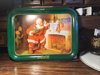Vintage 1973 Coca Cola Tin Litho Metal Serving Cookie Tray Christmas Santa Kids