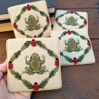 Vtg Needlepoint Frog & Lady Bug 4 Coaster Set Handmade Cottage Home Textile Art