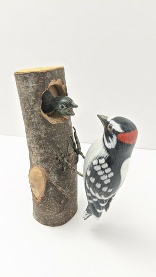 Vintage Carved Folk Art Woodpecker And Baby Bird On Bark Slab