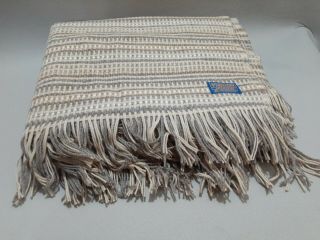Vtg Pendleton USA Knit Fringed Throw Blanket Virgin Wool Beige 66x50 3