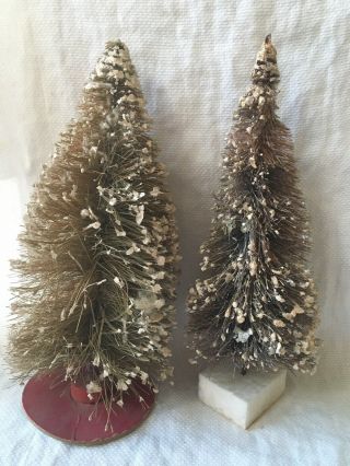 Vintage Christmas Flocked Bottle Brush Trees Set Of 2 Brown 9”