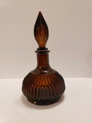 Vtg Mcm Italy Empoli Deep Amber Ribbed Mini Genie Bottle Decanter With Stopper