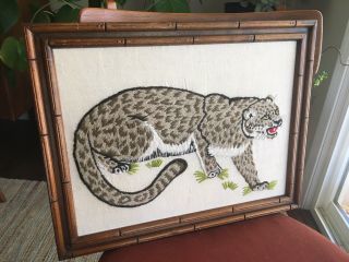 Vintage Embroidery Picture Snow Leopard Asian Style Framed Jaguar 14x18”