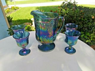 Gorgeous Vintage Indiana Glass Blue Carnival Harvest Grape Pitcher & 4 Goblets