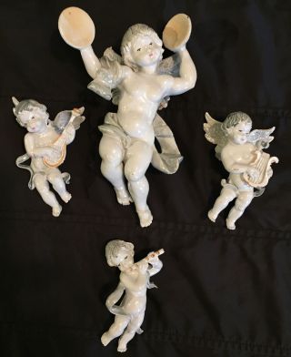 Set 4 Vintage Italy White Cherub Angels W/ Instruments Xmas Ornaments Musicians