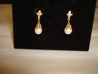 Vintage 14k Yellow Gold & 6.  5mm Pearl Drop Dangle Stud Earrings