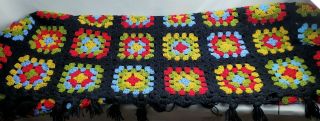 Vtg Afghan Crochet Granny Square 72”x60” Blanket Handmade Black