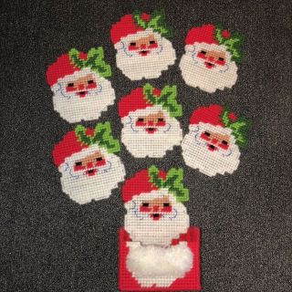 Vtg Handmade Needlepoint Plastic Canvas Santa Claus Christmas Coaster Set Of 7