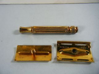 Vintage Gillette 3 - Piece Gold Plated Ball - End Tech Safety Razor