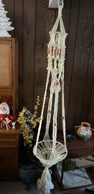Vintage 79” Large Woven Macrame Ivory Plant Hanger With Wood Beads Mid Century