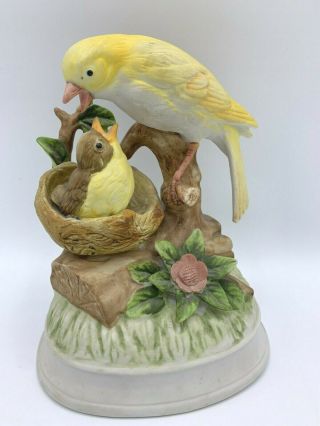 Vintage Gorham Bird Figurine Music Box Mother Feeding Baby Bird Yellow