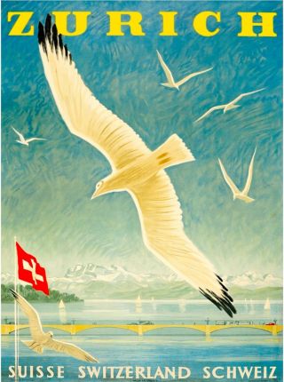 Zurich Switzerland Suisse Schweiz Seagull Birds Vintage Travel Poster Print