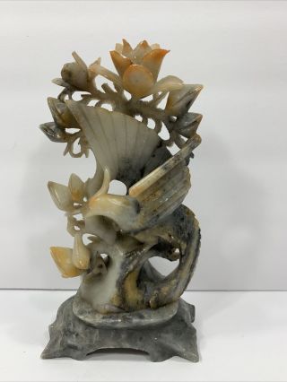 Vintage Chinese Hand Carved Soapstone Birds On Blossom Sculptured Figurine