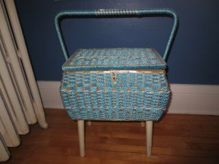 Vintage,  Dritz,  Blue Wicker Sewing Basket Mod Handle,  Leg,  Scovill Packed W/goodies