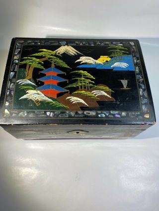 Vintage Japan Black Laquered Abalone Shell Inlay Jewelry Chest