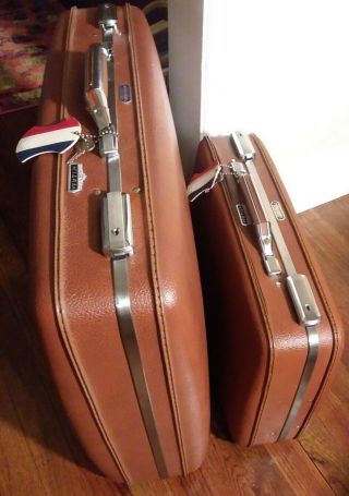 Set Of 2 Vtg Brown American Tourister Tiara Suitcases Luggage Plaid Lining