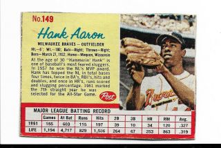 Vintage 1962 Post Cereal Baseball Card Hank Aaron 149 Atlanta Braves Hof