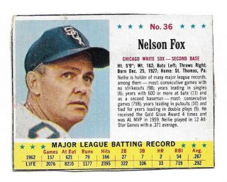 Vintage 1963 Post Cereal Baseball Card Nelson Nellie Fox 36 Hof White Sox