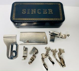 Vintage Singer Sewing Machine Parts / Feet / Attachments / Black Tin Box