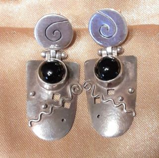 925 Sterling Silver Black Onyx Earrings Vtg Pierced Southwest Artisan 1.  5 "