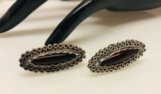 Vintage Mexican Sterling Silver Red Garnet Glass Large Oval Stone Earrings