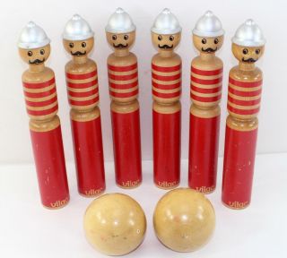 Vintage Quilles Pompiers Bowling Firemen French Bowling Game W/ 2 Wooden Balls