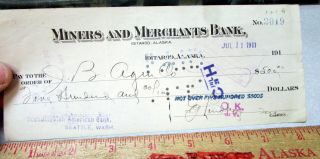 Vintage Miners & Merchants Bank Iditarod Alaska 1911 Bank Check,  Ghost Town