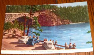 Unmarked Postcard Deception Pass Bridge Whidby Island,  Washington Vintage Cars