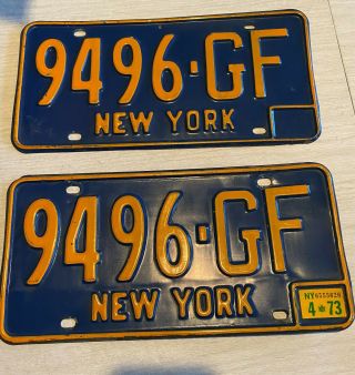 Vintage Pair York License Plates Blue With Orange Lettering 9496 - Gf 1966 - 72