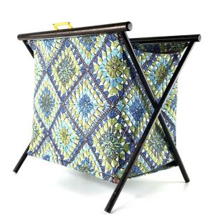 Vintage Folding Sewing Basket Tote Knitting Bag Blue Fabric Wood Mid Century Mod
