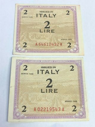2 X 1943 Italy 2 Lire,  Allied Military Currency,  Wwii Vintage Notes