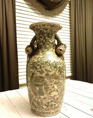 Unique Vintage Oriental Green And White Floral Vase With Fruit