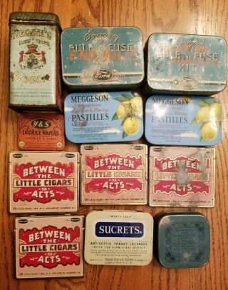 Vintage Tins Ford Bulb& Fuse Y & S Licorice Wafers Sucrets Droste Cocoa Meggeson